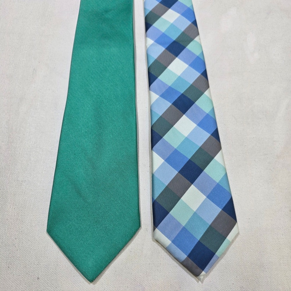 Nautica Ties Mens OS Green Blue Plaid Silk Textured Necktie Lot of 2 Accessory